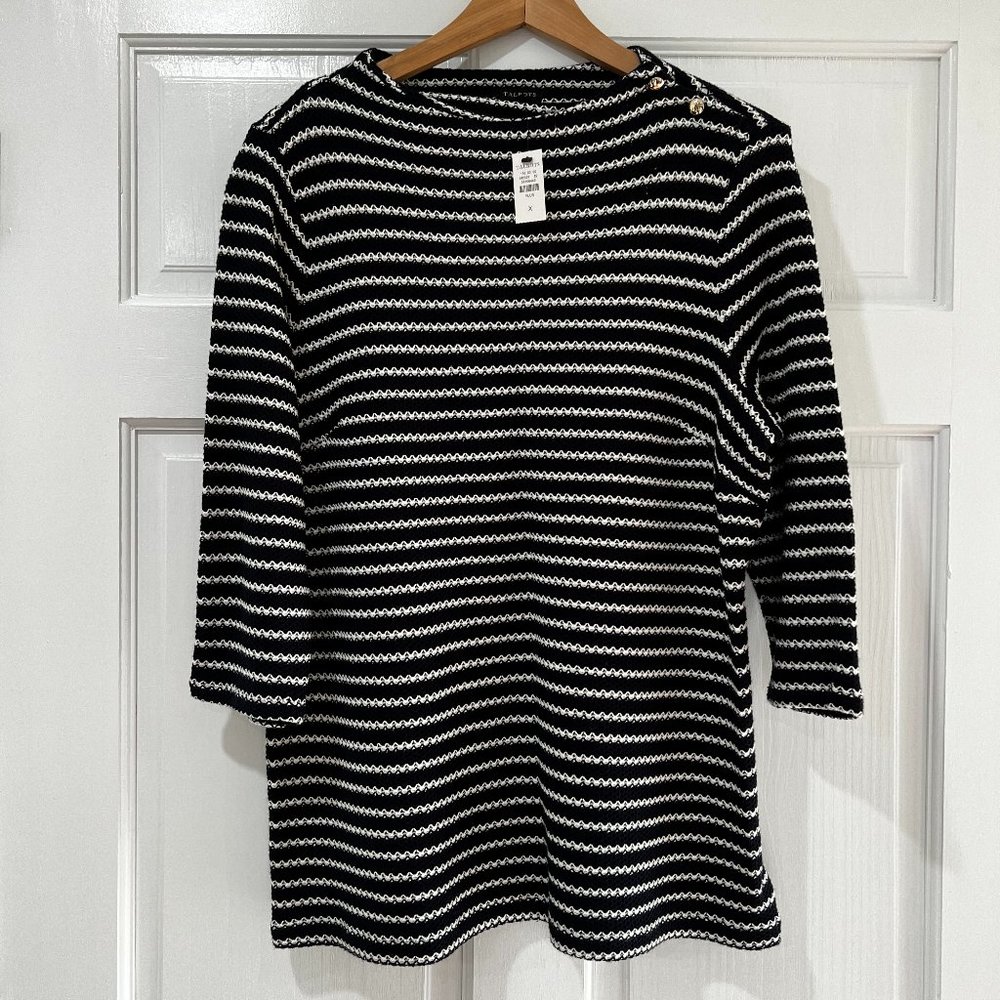 TALBOTS Breton Stripe Gold Buttons Pull Over 3/4 Sleeve Knit Sweater - NWT